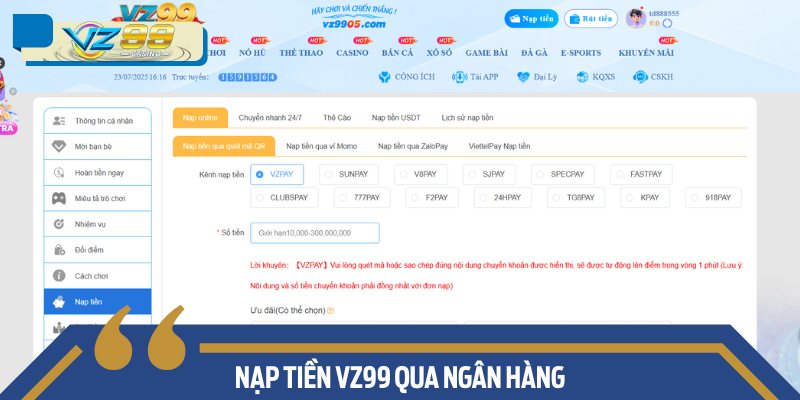 Nạp tiền VZ99 qua ngân hàng