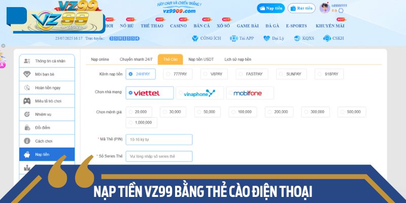 Nạp tiền VZ99 bằng thẻ cào điện thoại